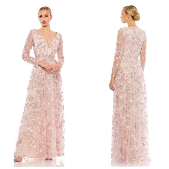 Mac Duggal 70224 Floral Applique Long Sleeve Illusion Gown, Rose Pink, Size 4 - Picture 4 of 14